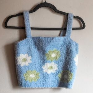 SOLD Kendall & Kylie PacSun Blue with Green & White Flowers Fuzzy Tank